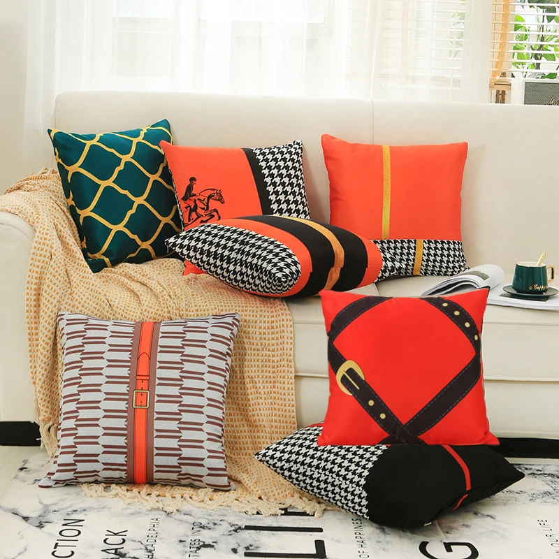 

Hot Swallow Grids Orange Cushion Cover Horse Pattern High Density Polyester Satin Decorative Pillows Case Sofa Living Room Decor