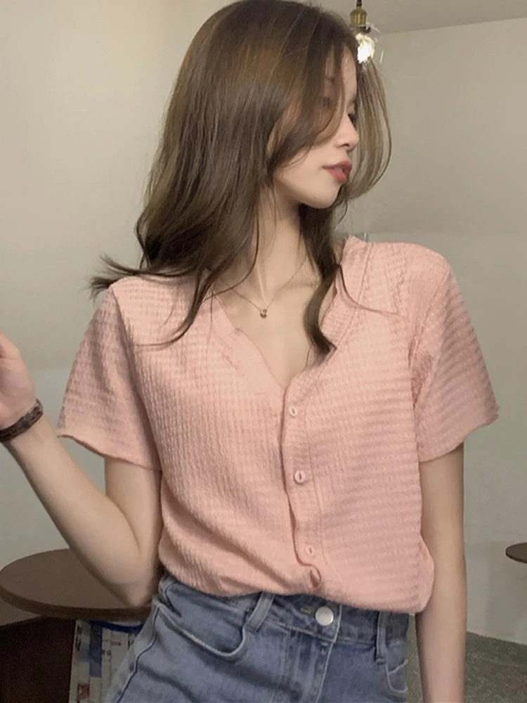 

GGRIGHT Top Women 2022 V Neck Button Up Pink Shirt Chemise Femme Blusas Camisas Mujer Summer Short Sleeve Shirts Blouses Tops