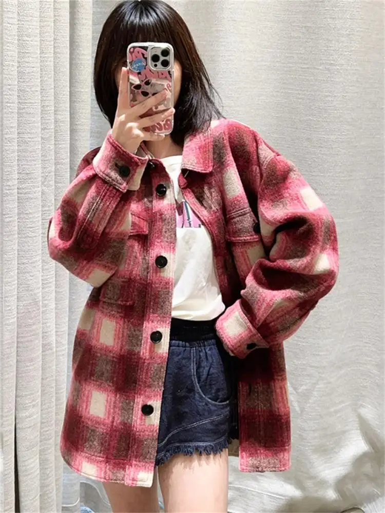 

Wool Blended Women Single Breasted Jacket Contrast Color Plaid Long Sleeve Autumn 2023 New Ladies Turn Down Collar Loose Coat