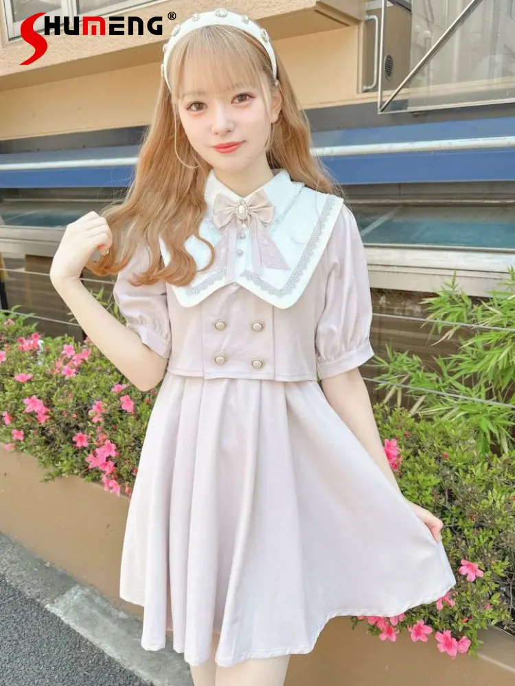 Lolita Summer Fake Two-Piece Short Sleeve Dress Woman 2023 Summer New Japanese Style Sweet Double Collar Bow Brooch Lace Dress