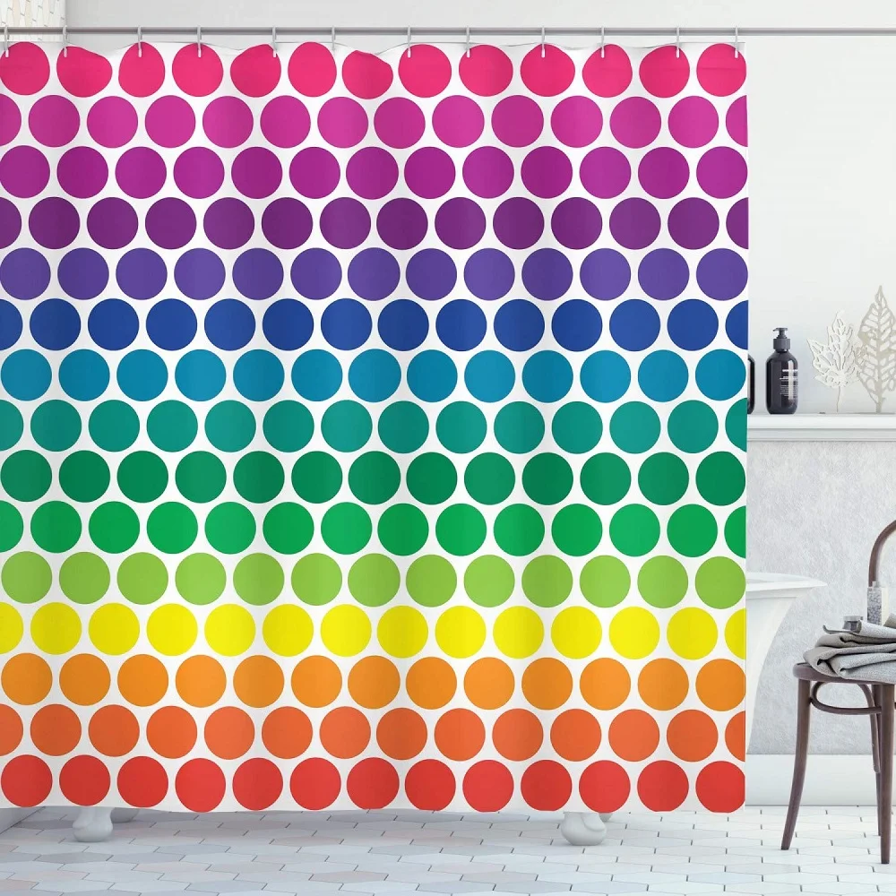 

Polka Dots Shower CurtainRainbow Colored Dots Big Circles Spots Theme Print Cloth Fabric Bath Curtains Bathroom Decor with Hooks