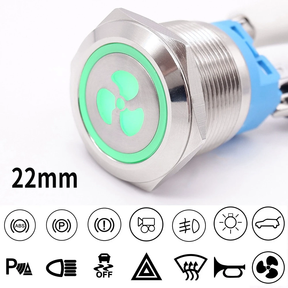 

22mm Metal Push Button Switch Customizable Button Flat Head Self-reset/Latching With LED Light Car Function Glow Symbol 12V