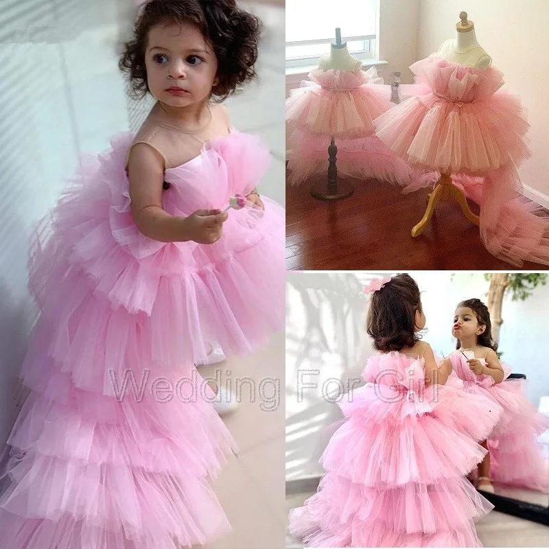 

Rose Pink Tiered Tulle Puffy Princess Birthday Dress Hi-Lo Flower Girl Dresses Knee-length Baby First Communion Wedding Gowns