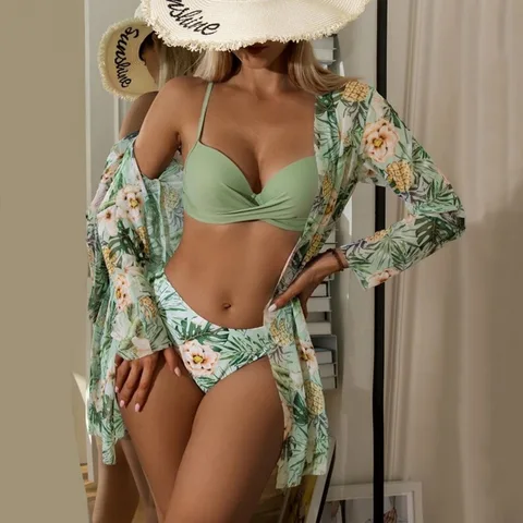 Printed Three-Piece Bikini Set With Cape Swimsuit Women Bikinis Swimwear Woman Clothing Sexy Micro Swimming Bathing Suit
