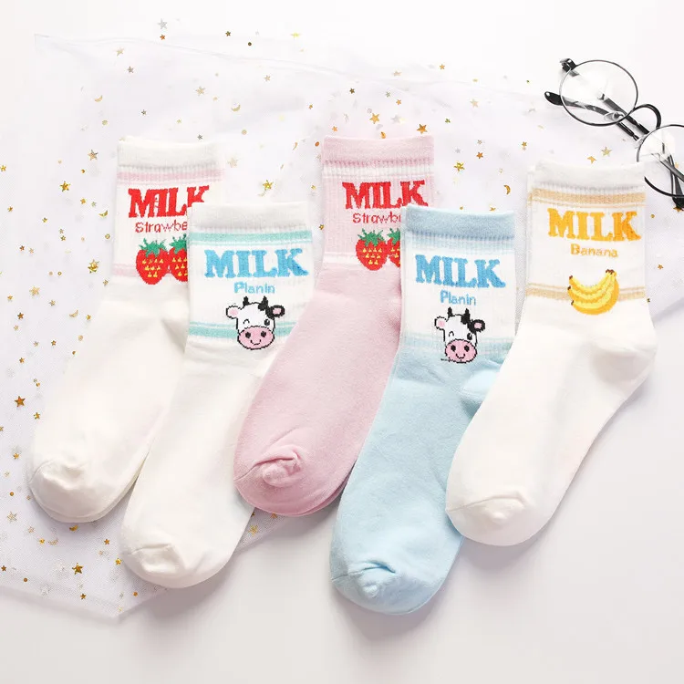 

Hot Sale Banana Strawberry Milk Mid-tube Cotton Women's Socks 1 Pair Korean Fashion Casual Socks Women's Socks Woman Socks