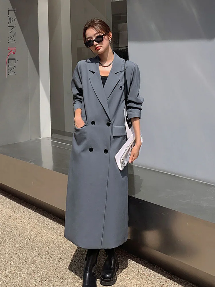 

LANMREM Long Blazers Women Notched Double Breasted Split Fashion Coats Female High End Streetwear Clothing 2022 Autumn 2R4910