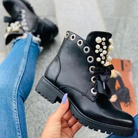 black women boots ankle motorcycles biker pearl platform thick heel round toe zip cross tied handmade casual shoes ladies 2020