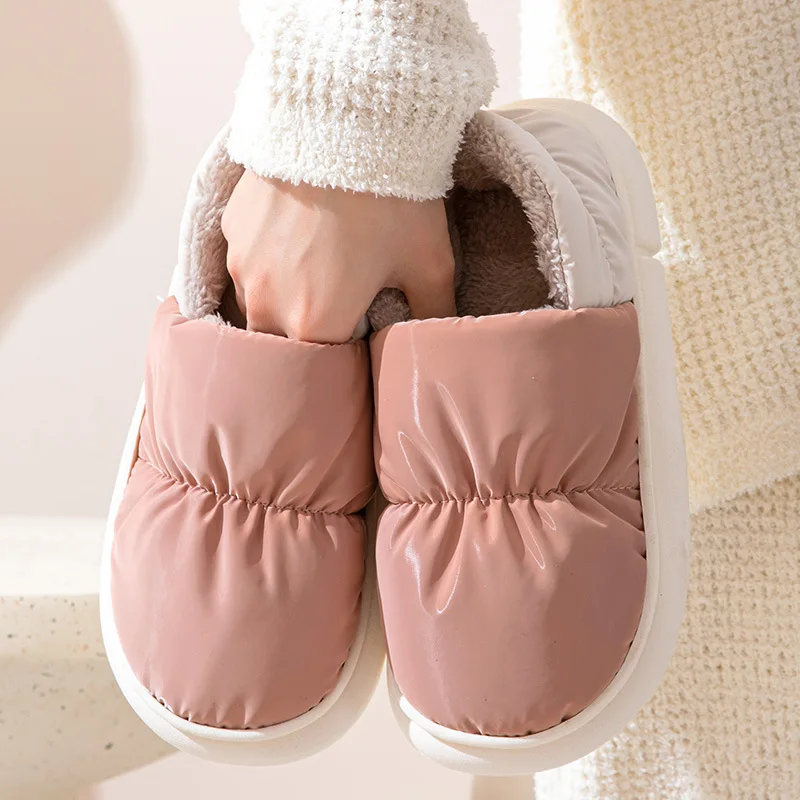 

Waterproof Cloth Cotton Slippers Men Women Autumn Winter Solid Color Home Indoor Shoes Couples Household Anti Slip Cotton ShoesH