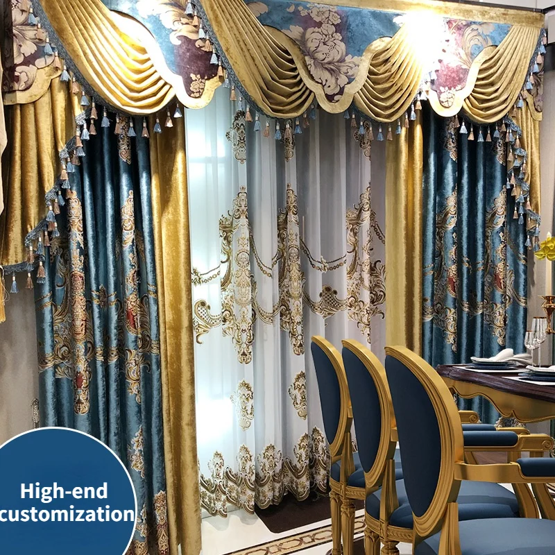 European Palace Luxury Flannel Embroidery Stitching Blackout Curtains for Living Room Bedroom Villa Finished Product