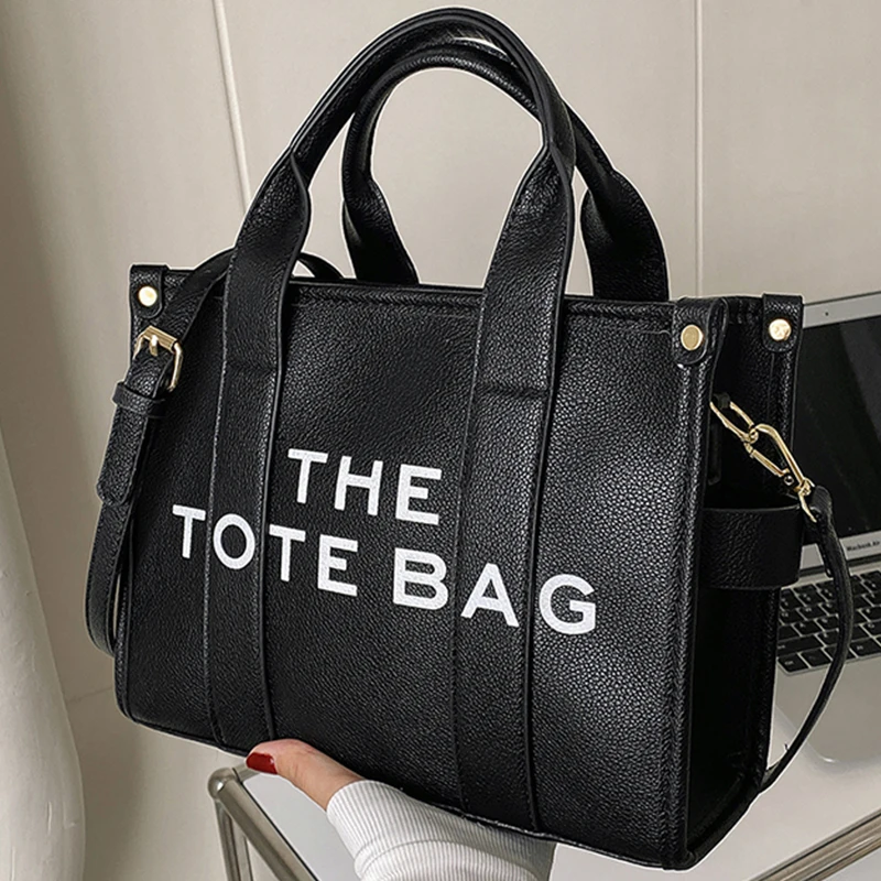 

Women's Black Tote Shoulder Bag Pu Leather Ladies Commuter Briefcase Crossbody Bags Chic Letter Print Top Handle Female Handbag