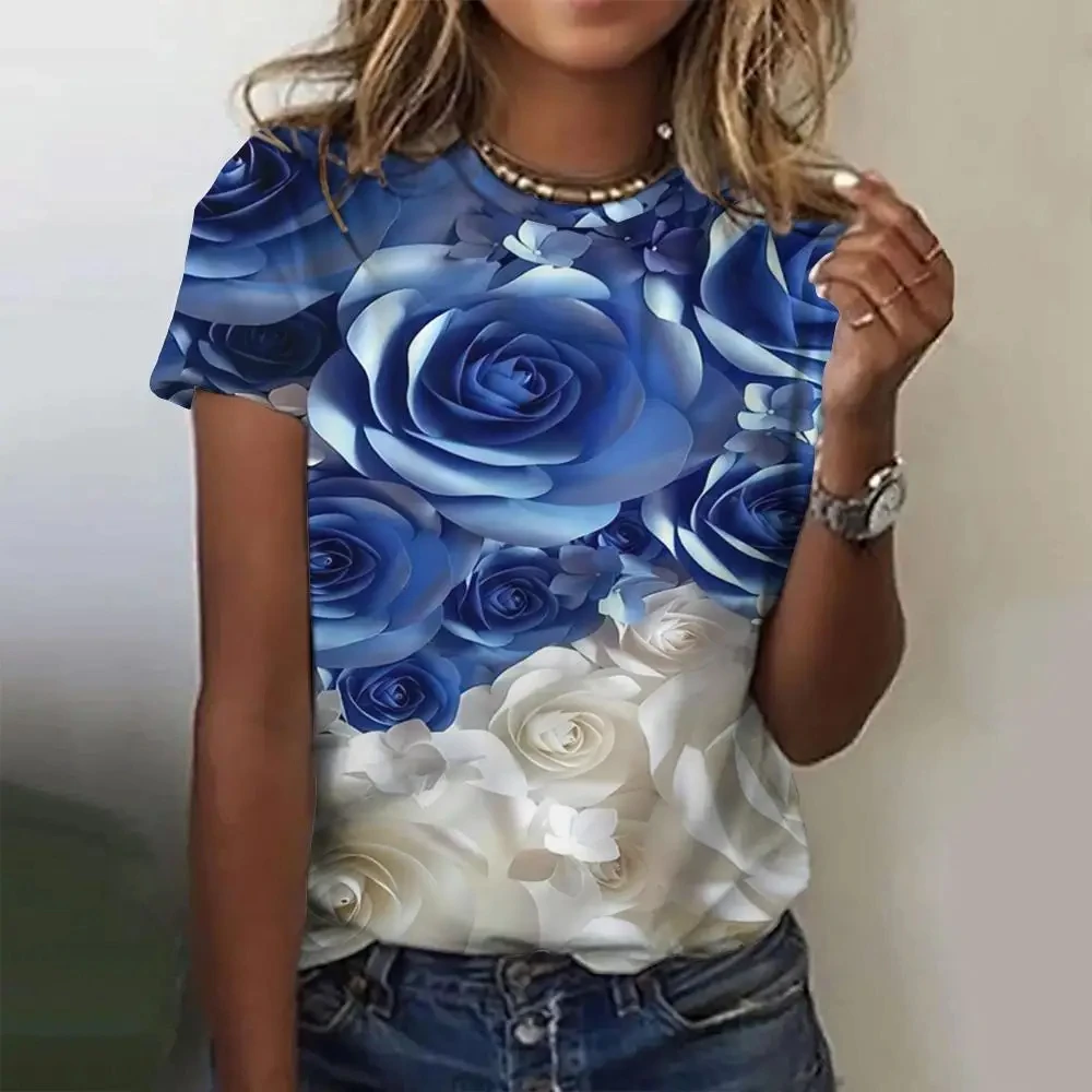 

Футболка женская с коротким рукавом и круглым вырезом, забавный Повседневный Топ в стиле хип-хоп, одежда с 3D принтом роз, на лето