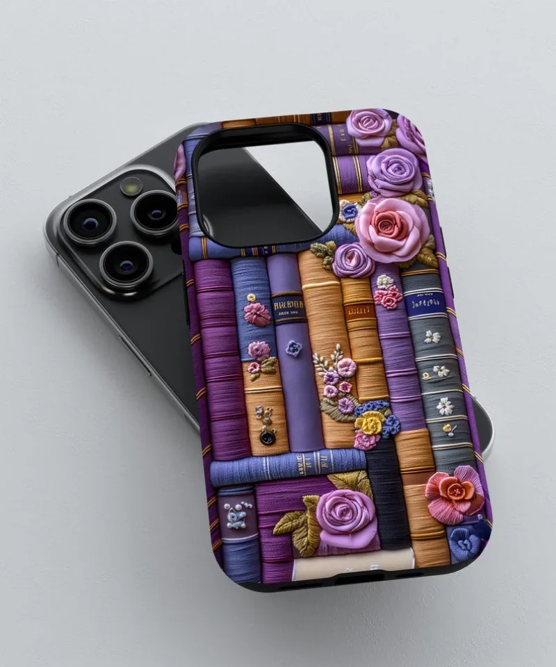Фиолетовый винтажный чехол с книжной полкой и цветочным принтом для iPhone 16 15 14 13 12