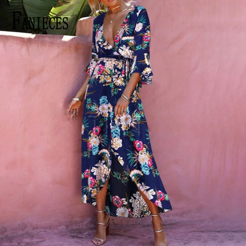

FANIECES vestidos de verano mujer Summer Floral Print Long Dress Women Bandage Beach Sundresses Casual Elegant V Neck Dresses