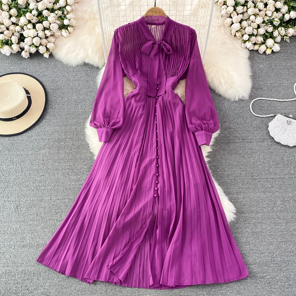 

Elegant Purple Bow Tie Pleated Dress Women Single Breasted A-Line Midi Dresses Autumn Solid Vestidos Female Clothing
