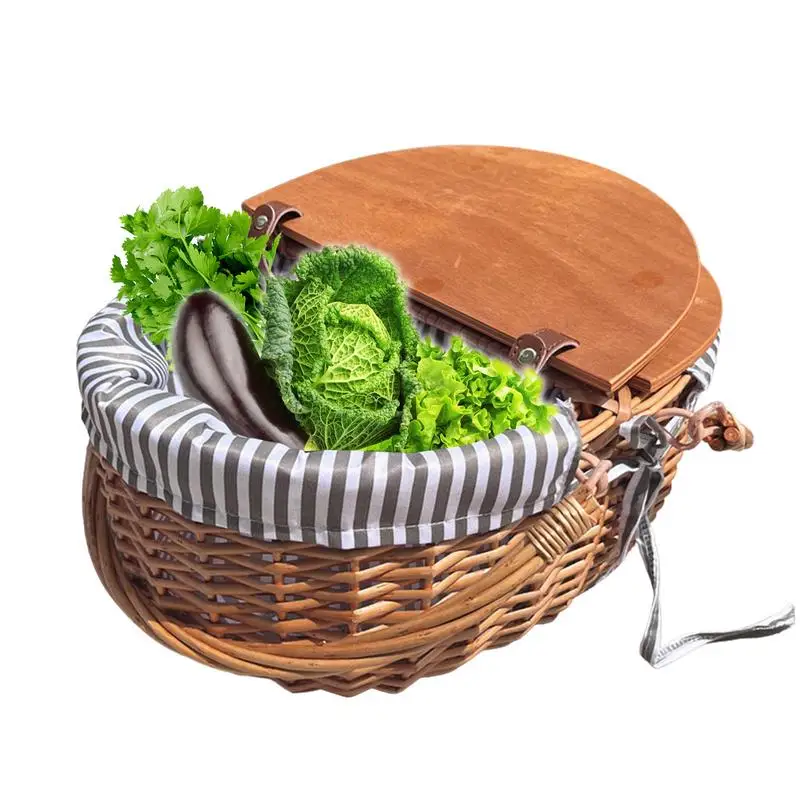 

Wicker Picnic Basket With Liner Portable Picnic Basket Strong Wooden Folding Handles Natural Ecologically Friendly Woven