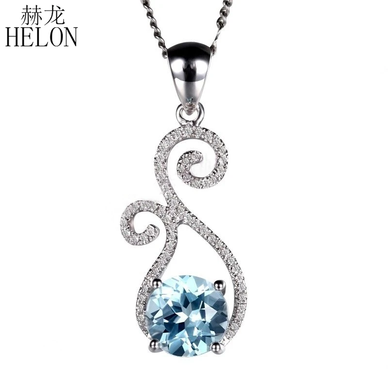 

HELON Solid 10k White Gold Round 2.1ct Genuine Sky Blue Topaz Diamonds Engagment Pendant Women Vintage Fine Jewelry Best Gift