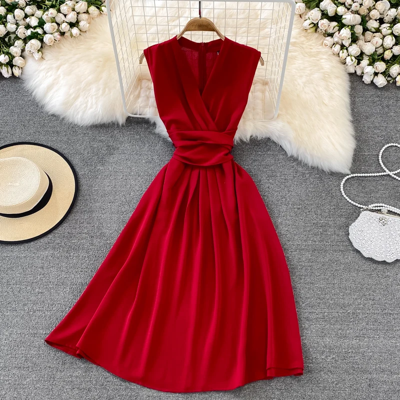 

French V Neck Summer Bandage Midi Dress Party Vestido De Festa Women tank sundress Casual High Waist Knee Length beach dress