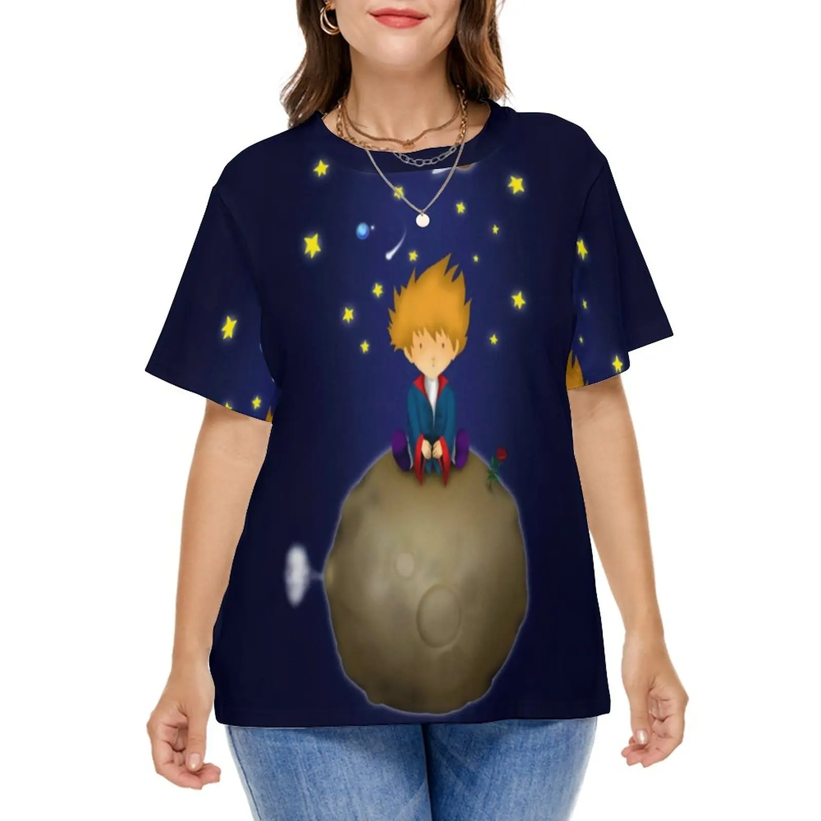 

Футболки Little Prince с принтом звезд и луны, футболка в уличном стиле, забавная футболка с коротким рукавом, женская пляжная одежда, идея подарка