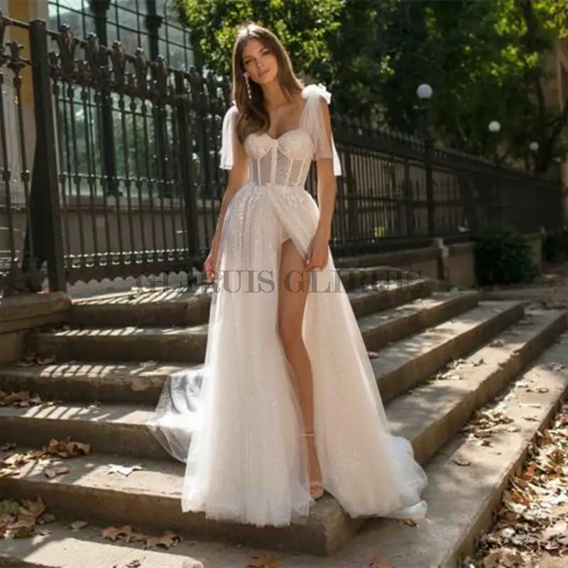 

Shining Sweetheart Wedding Dresses High Slit Backless Bow Shoulders Bridal Gown Sweep Train Robe De Mariée For Sexy Women