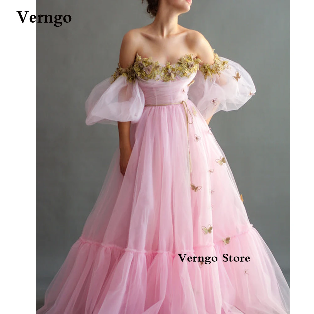 

Verngo Princess Baby Pink Tulle Long Evening Dresses Embriodery Shiny Gold Butterflies Off Shoulder Puff Sleeves Prom Gowns