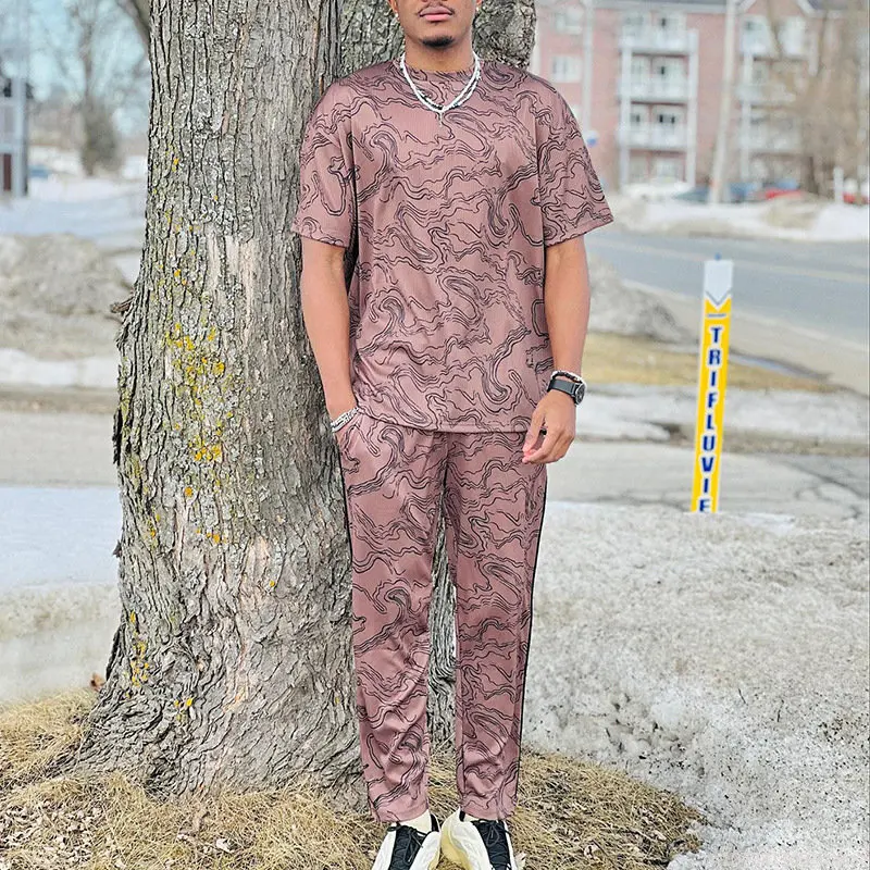 New Men's Street Printed Short Sleeved T-shirt Pants Trend Summer Casual Suit Men's Two-piece Suit Men's Clothing