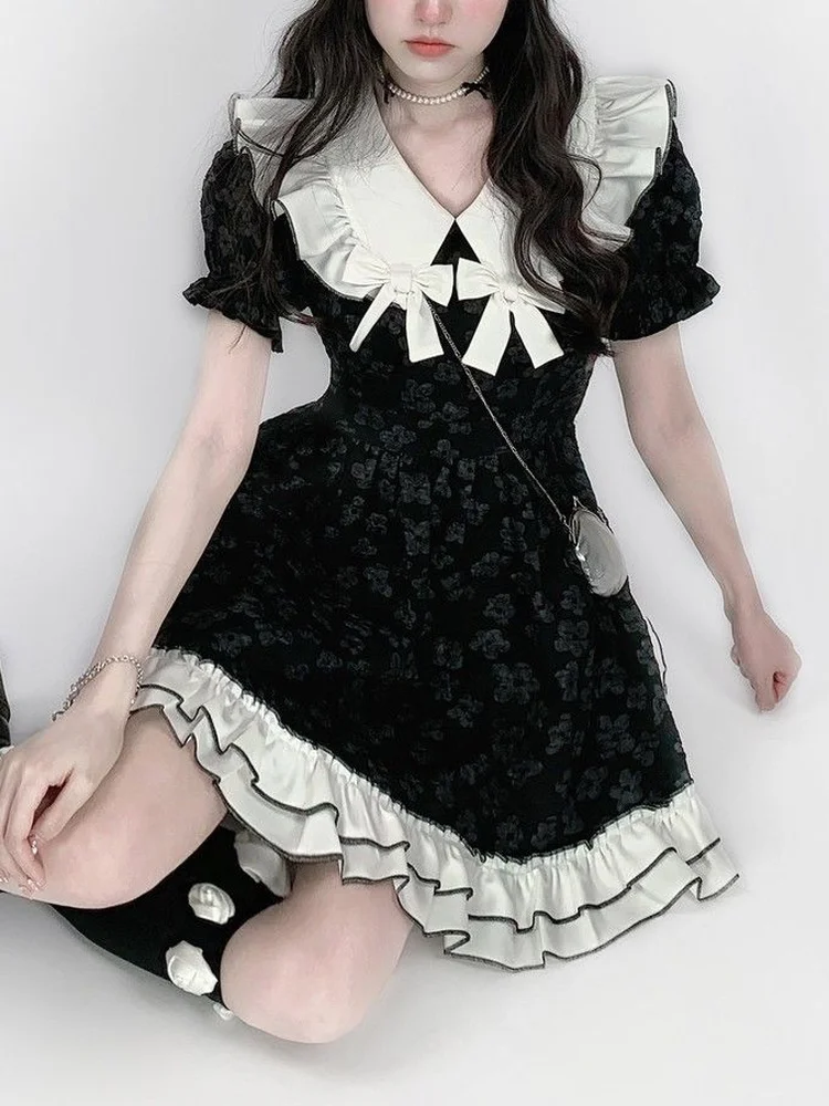 

Женское платье в стиле «Лолита», черное элегантное жаккардовое платье с воротником «Питер Пэн» и оборками, в японском стиле Харадзюку