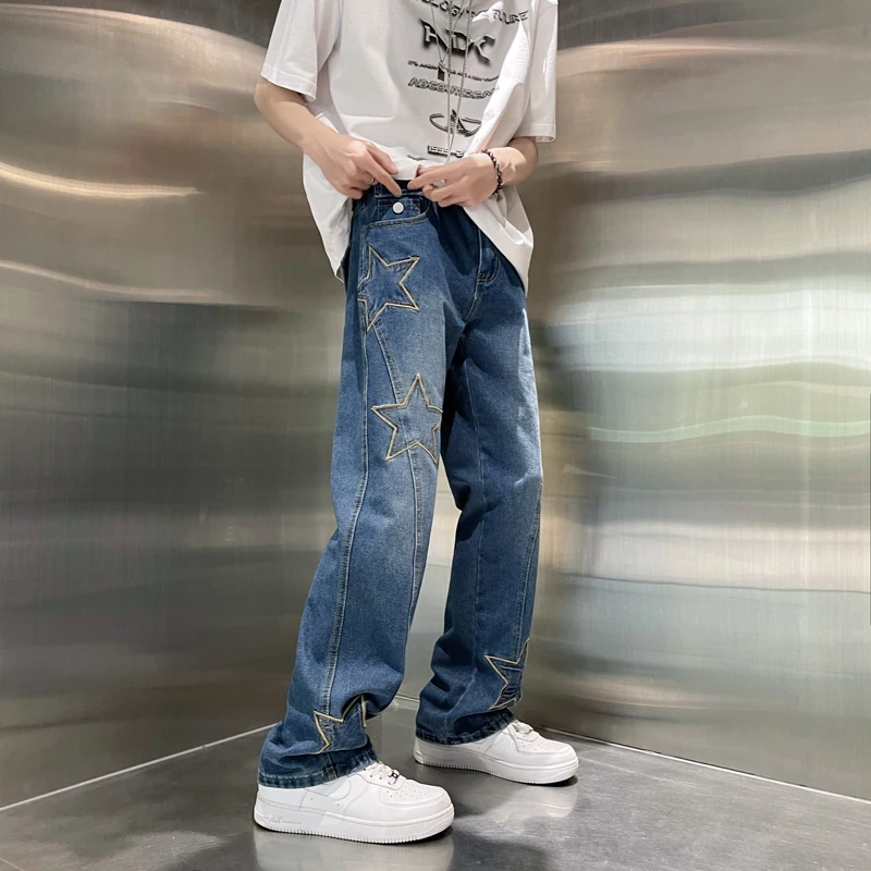 

New Arrival Distressed Five Pointed Star Embroidery Women's Denim Jeans Streetwear Cargo Unisex Men Jogger Pants Long Trouser
