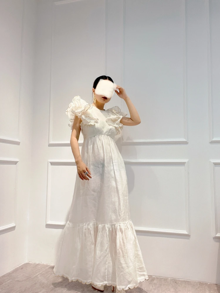 

Promotion Nature Silk Linen 2023 Summer Vacation Metal Edge Ruffle Sleeve Long Dresses for Women