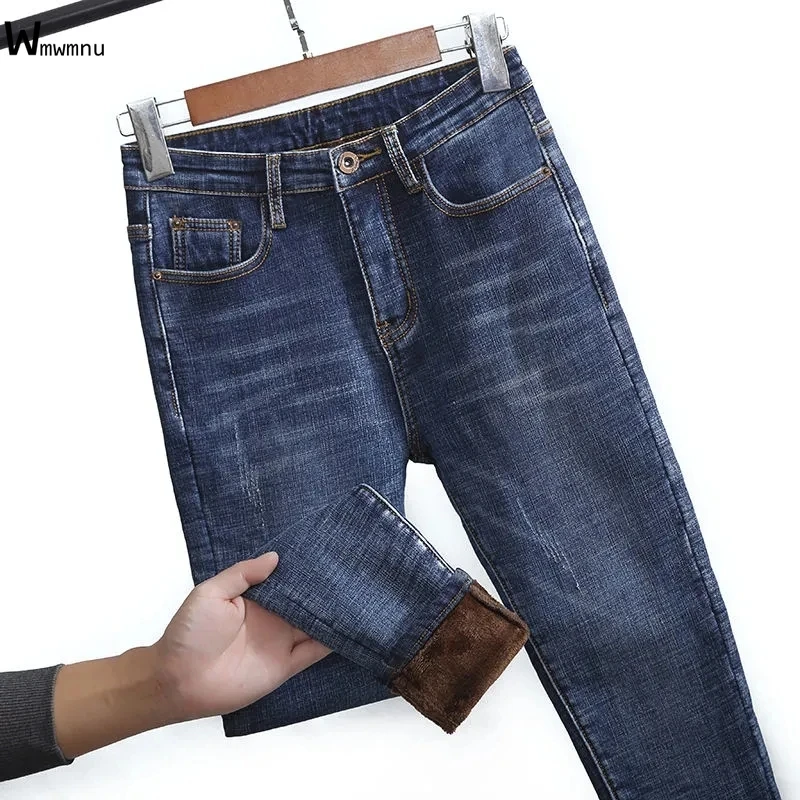 

Winter Bleached Pencil Jeans Warm Fleece Slim Thermal Pant Female Ankle-Length Basic Denim Pant Plus Velvet Skinny Jeans Women