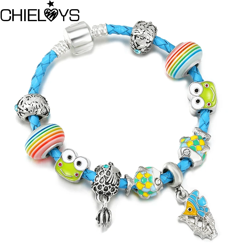 

Летние Стильные красочные браслеты с бусинами в виде лягушки и рыбы, очаровательные браслеты с синей кожаной цепочкой, браслет «сделай сам»...