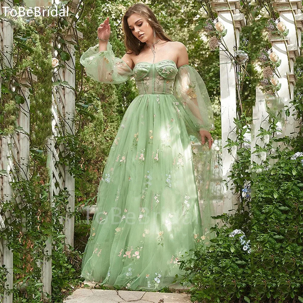 

Женское вечернее платье с открытыми плечами, кружевное пушистое платье-трапеция зеленого цвета с длинным рукавом и высокой талией, платье для выпускного вечера, 2023