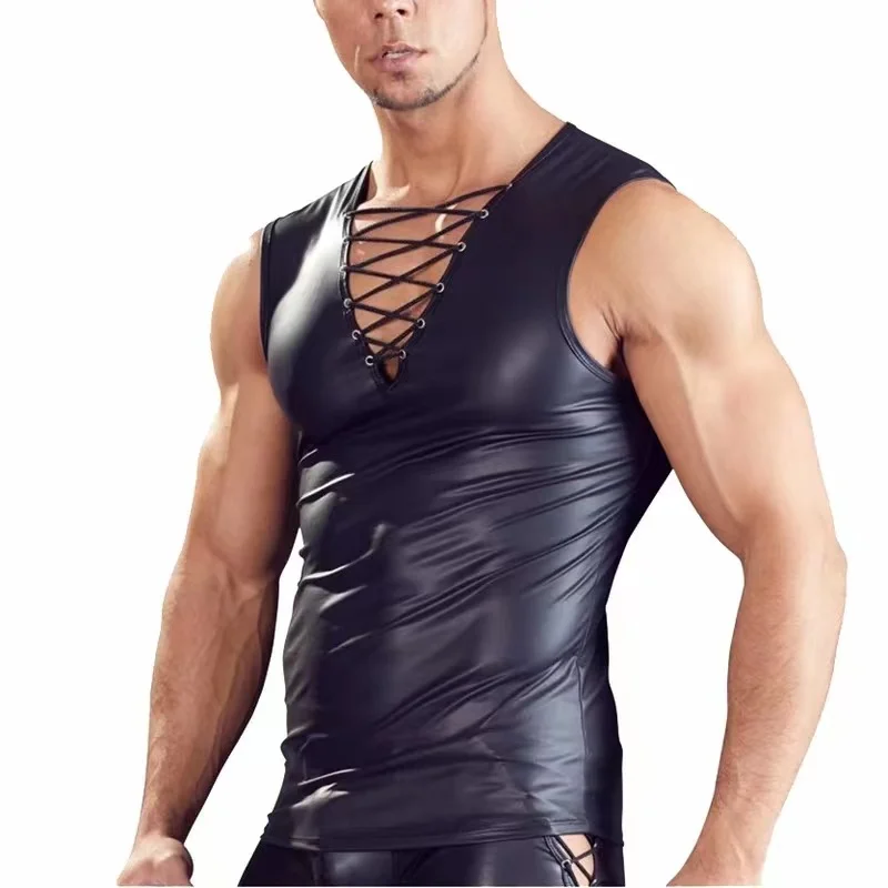 Men's Sleeveless PU Leather T-shirt Top Lace-up Deep V Tight Vest Nightclub Stage Clothing Men's Clothing
