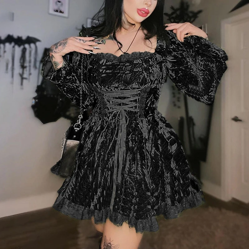 

Женское бархатное платье Goth Dark, готическое мини-платье с длинным рукавом и кружевной каймой, Aline, Alt Partywear
