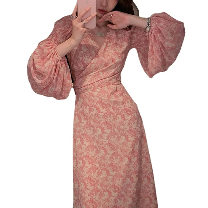 

Женское шифоновое платье с V-образным вырезом, длинная розовая юбка с рукавами-фонариками и цветочным принтом, новинка 2023