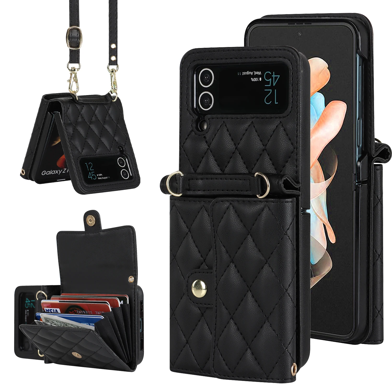 

Lanyard Crossbody Wallet Phone Case For Samsung Galaxy Z Flip 4 Flip4 5G RFID Blocking Organ Card Slot Lattice Leather Cover