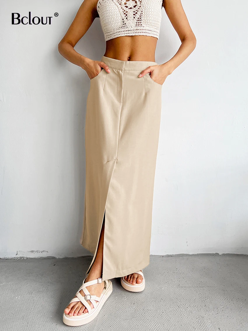 

Bclout Autumn Khaki Long Skirts Women 2023 Elegant Solid Office Lady Slit Straight Skirts Fashion High Waist Party Skirts Female