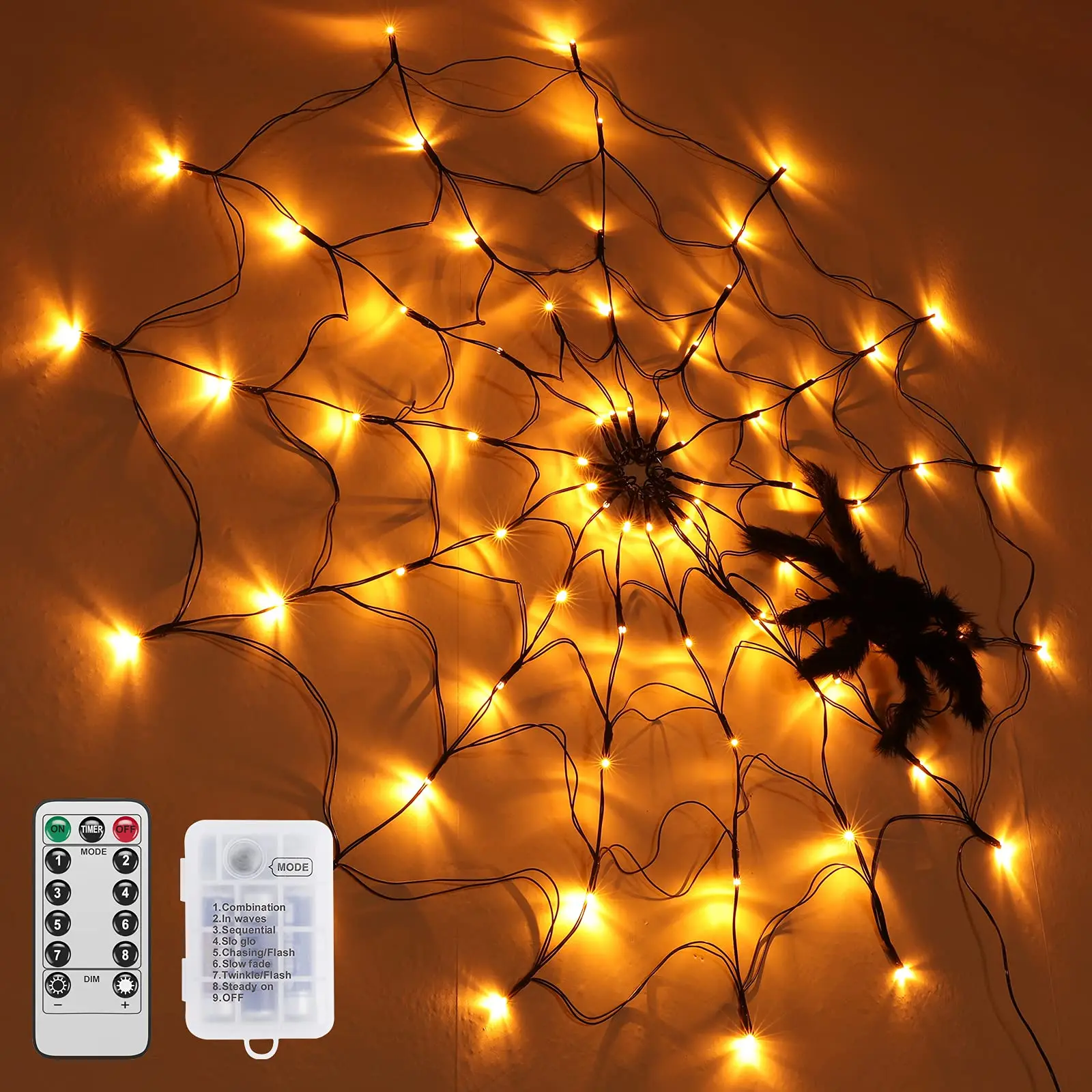 Halloween Decorations Lights 70 LED Spider Web Lights with Plush Black Spider Remote Control for Party Yard Bar Haunted House