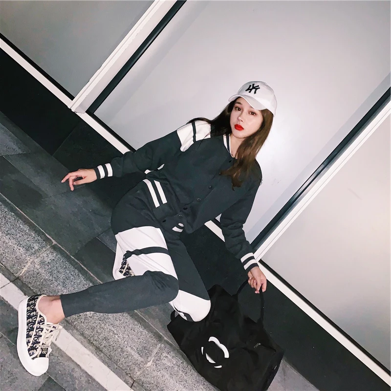 

tb striped knitted baseball uniform two-piece suit women's new color matching small feet slim casual pants