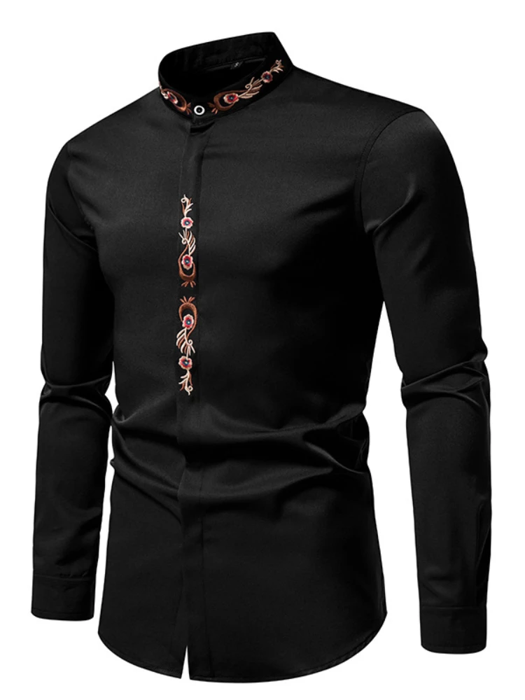 Camouflage Phoenix Flower Embroidery Stand Collar Shirt Trend Repair Trend Men's Shirts Fashion Men's Shirts 2022 New Hot Sale