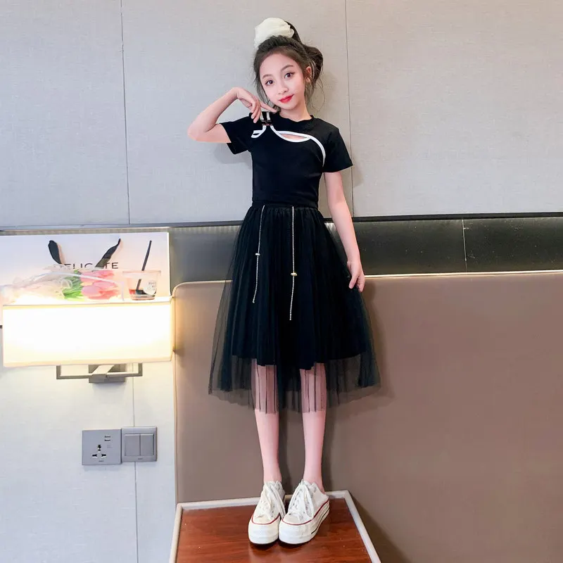 Летняя одежда, крутой хлопковый укороченный топ для девочек в стиле ретро + юбка, комплект из двух предметов для принцессы, школьные детские спортивные костюмы, комплекты детской одежды