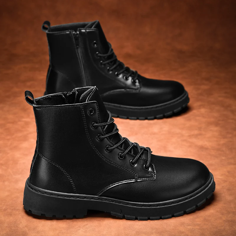 

Mens Boots High Top Black Shoes Motorcycle Waterproof Wear-resistant Anti-slip Round Toe Thick Bottom Spring and Autumn Model