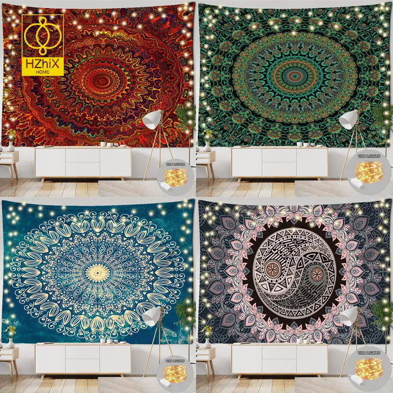 

Bohemian Style LED Tapestry Mandala Design Wall Hanging Home Decor Bedroom Living Room Psychedelic Tapestries Machine Washable