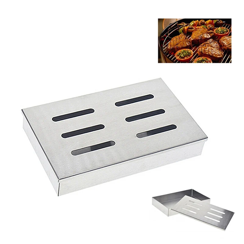 

Outdoor BBQ Accessories Stainless Steel Barbecue Grill Cooking Tools Bacon Fish Mini Wood Chips Smoking Box 21.2*13*3.5cm