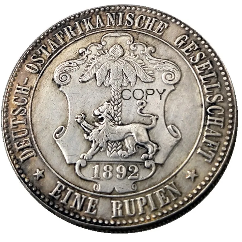 1892 г., император 1 Rupie Coin Guilelmus II, Посеребренная копировальная монета, Германия, Восточная Африка 1892 г., император 1 Rupie Coin Guilelmus II, Посеребренная копировальная монета, Германия, Восточная Африка