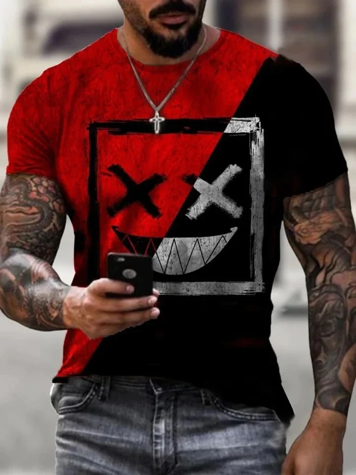 

2023 Summer Men's Printed Casual Crew Neck Short Sleeve T-Shirt Contrast Devil Smiley 3D Printed T Shirt