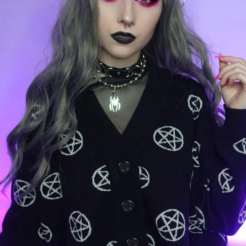 

Black Knit Sweater Women Fairy Grunge Oversized Sweater Pullover Gothic Y2K Pentagram Print Long Sleeve Autumn cropped sweater