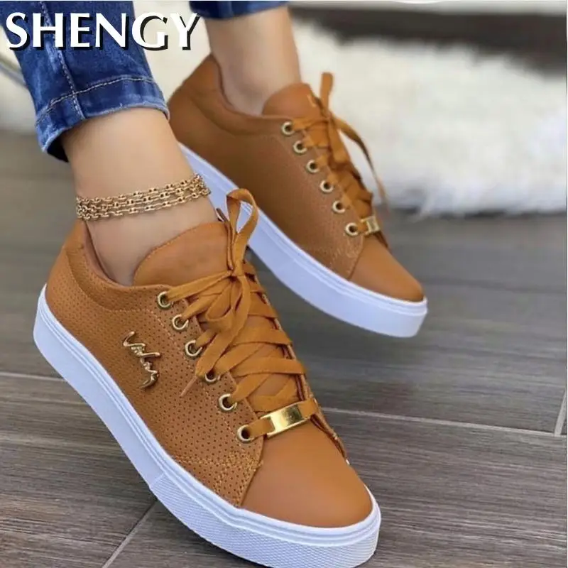 

Женская Вулканизированная обувь, дышащие кожаные кроссовки для девочек, спортивная обувь на платформе со шнуровкой, мягкая женская обувь, ...