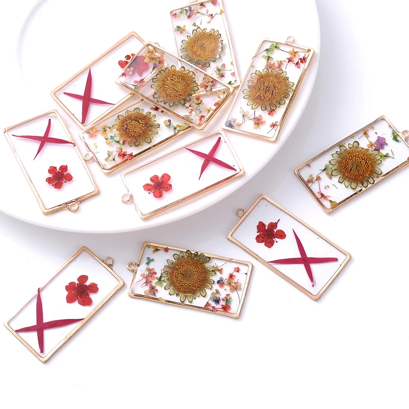 

12Pcs Square Pressed Epoxy Pendant Natural Hibiscus Real Petal Dried Flower Resin Charms for Jewelry Making Handmade Earring