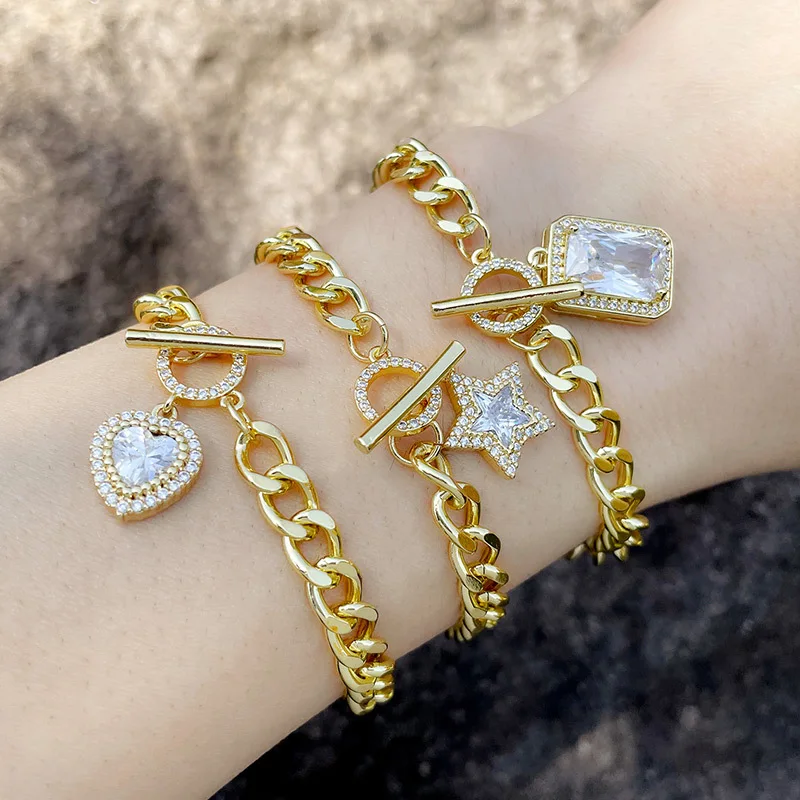 

New Chain Link Bracelets Bangles for Women Vintage Heart Shaped Pentagram Charms Gold Color Bracelets Punk Jewelry Wholesale