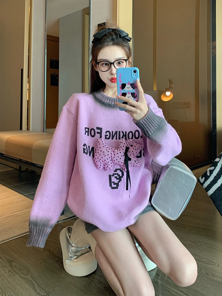 Фиолетовый трехмерный пуловер для щенков женский свитер на осень и зиму 2024 новый